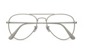 Aviator style eyeglasses with a silver metal frame and clear lenses, a classic eyewear fashion accessory on transparent background