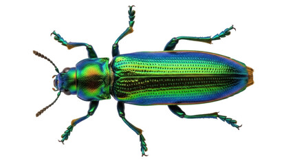 Isolated iridescent jewel beetle with legs and antennae, bright colors, nature photography