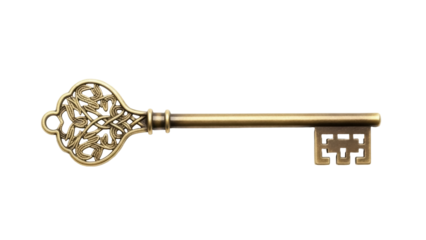 Isolated old-fashioned key, antique bronze, fantasy or treasure concept for secret opening tool