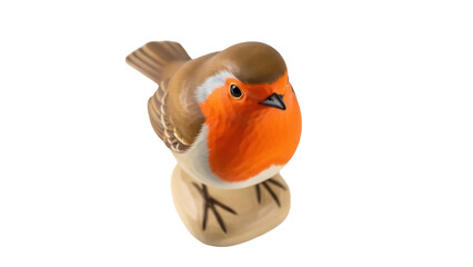 Isolated robin figurine of a European robin perched on a beige base for a collectible item