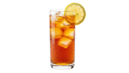 Isolated refreshment Long Island Iced Tea drink with ice cubes and lemon slice, summer beverage