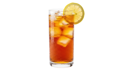 Isolated refreshment Long Island Iced Tea drink with ice cubes and lemon slice, summer beverage
