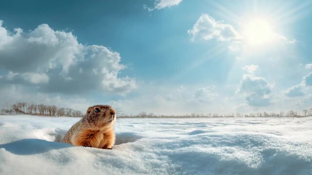 Groundhog emerges from snowy burrow under bright blue sky on sunny groundhog day concept