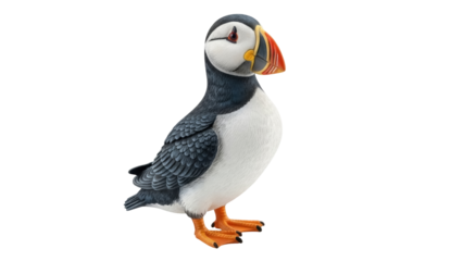 Isolated Atlantic puffin standing, a seabird species native to the North Atlantic Ocean
