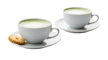 Isolated two cups of matcha latte with a cookie on a saucer, ready to drink dessert