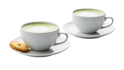 Isolated two cups of matcha latte with a cookie on a saucer, ready to drink dessert