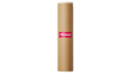 Isolated cardboard tube container with a fragile sticker, cylindrical shipping package