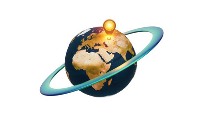 Isolated stylized Earth model with orbit rings and location pin denoting a global place