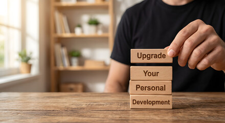 Motivational Image Depicting a Person Arranging Wooden Blocks with the Words Upgrade Your Personal Development in a