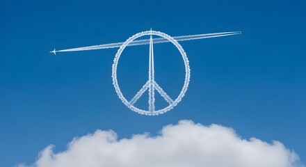 Peace symbol in blue sky over white clouds made with plane flying in the air