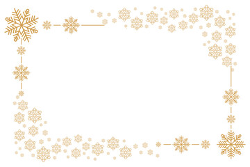 Elegant golden snowflake border frame on white background, minimalist winter and Christmas themed template ideal for greeting cards, invitations, holiday banners, posters and festive seasonal designs.
