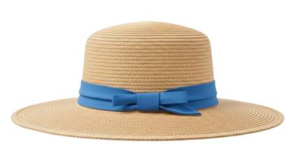 Isolated straw sunhat with turquoise bow, classic wide brim beachwear summer fashion item