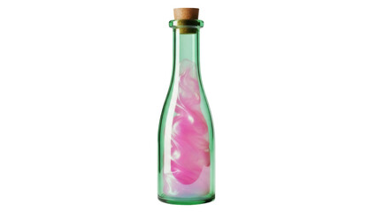 Isolated potion bottle with a cork and pink liquid, a magic flask of liquid dream, medicine