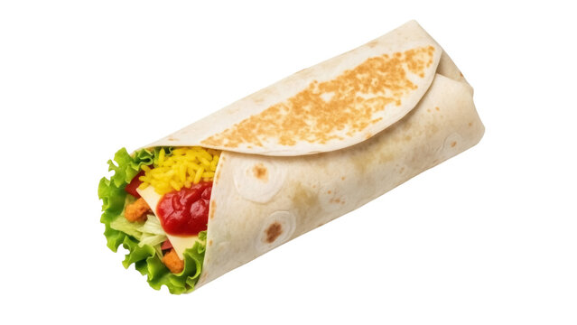 Isolated burrito with chicken and vegetables in tortilla wrap, Mexican food meal on table