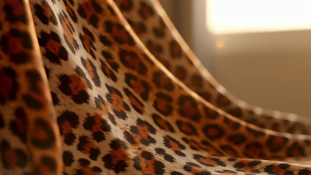 Luxurious draped leopard print fabric flowing gently with soft natural light in a studio setting