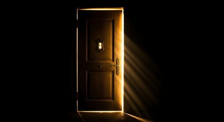 Open door in dark room with light of hope coming through it. 3D rendering