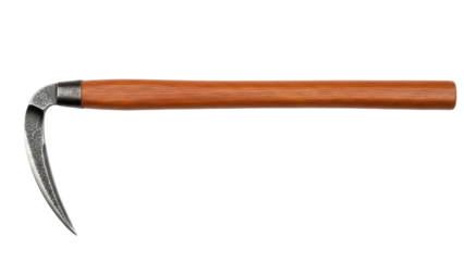 Isolated hand sickle tool with curved blade and wooden handle for gardening and agriculture