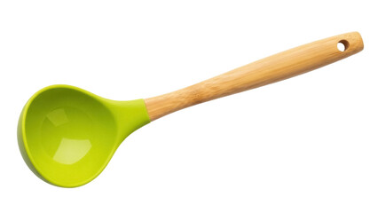 Isolated green silicone ladle with wooden handle for mixing and serving soups and sauces
