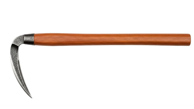 Isolated hand sickle tool with curved blade and wooden handle for gardening and agriculture