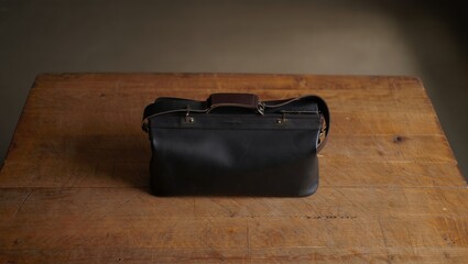 doctor bag on wooden table top view with black leather bag and rustic wood grain for clean life