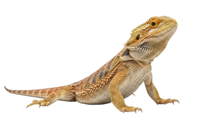 Isolated Bearded Dragon posing against a neutral backdrop, reptile pet in full body view