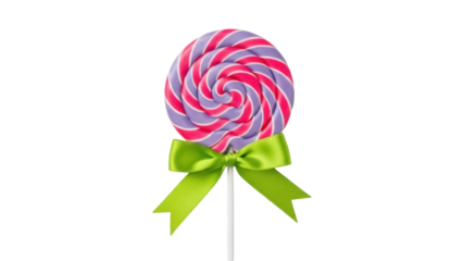 Isolated swirl lollipop candy with green bow, striped in pink and lavender, sweet treat