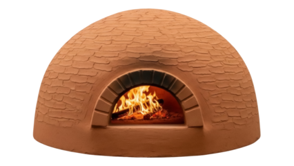Isolated outdoor wood-fired oven for cooking pizza with fire inside, artisanal brick stove