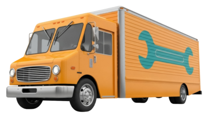 Isolated orange utility service van with wrench logo, delivery truck, auto repair vehicle