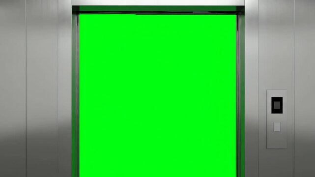 Modern elevator doors opening with a vibrant green screen for easy visual integration