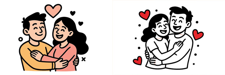 Embracing love between happy couples with hearts around them