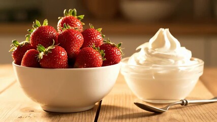 Delicious fresh strawberries in a white bowl next to a glass of whipped cream and a spoon on a wooden table