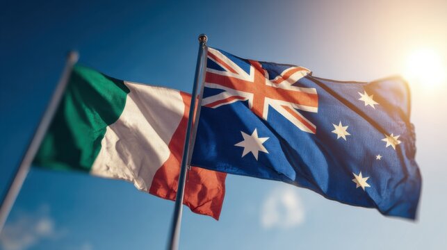 Flags of Italy and Australia wave under clear sky during sunny day