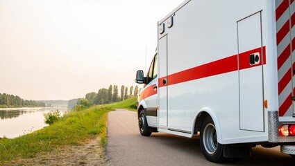 ambulance near riverbank side view parked on road with water and sky reflections
