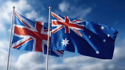 Flags of Australia and the United Kingdom waving under a blue sky during the day with some clouds in the background