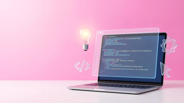 Creative Programming Concept with Laptop Displaying Code, Light Bulb, and Digital Symbols