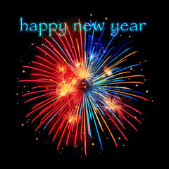 Happy New Year, colourful fireworks on a  black background