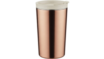 Isolated modern rose-gold metallic tumbler with a lid for hot beverages, on seamless background