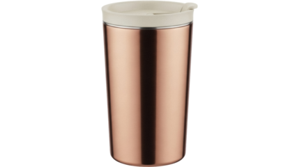 Isolated modern rose-gold metallic tumbler with a lid for hot beverages, on seamless background