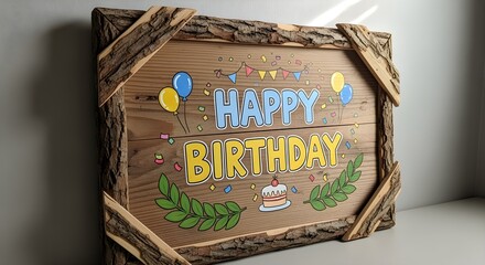 Rustic wooden sign with "Happy Birthday" message and festive decorations, celebrating joy and milestones.