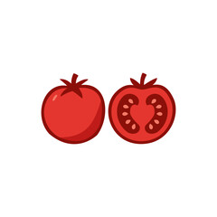 Flat red tomato illustration showing whole and sliced fruit, isolated on white background