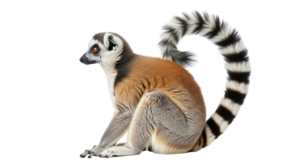 Isolated lemur sitting, looking left, with striped tail curled above its back in the studio