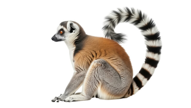 Isolated lemur sitting, looking left, with striped tail curled above its back in the studio
