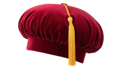 Isolated red velvet academic regalia tam with gold tassel for graduation ceremony headwear