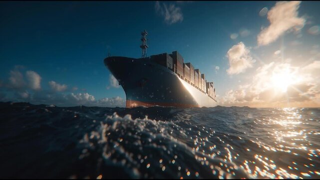 Cargo ship at sea during sunrise with crashing waves and shipping containers onboard, viewed from ocean level