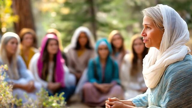 Faceless figure in simple robes teaching group of seated people, spiritual wisdom sharing, outdoor setting with natural light, defocused listeners, educational biblical scene, with