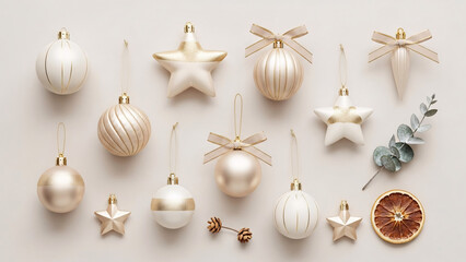 Elegant white and gold Christmas ornaments on beige background