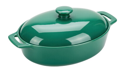 Isolated emerald green casserole dish with lid, cooking equipment, cookware kitchenware