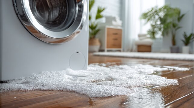 Overflowing bubbles escape the washing machine onto a shiny wooden floor. Plants and a cabinet are in the background, adding a sense of domestic calm disrupted by this watery mishap.