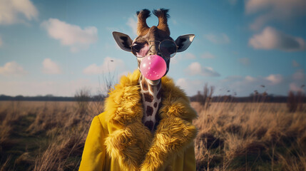 A giraffe wearing a yellow jacket and sunglasses, blowing a bubble gum bubble and enjoying life in a carefree, relaxed, and easygoing style.