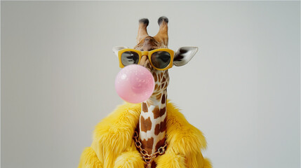 A giraffe wearing a yellow jacket and sunglasses, blowing a bubble gum bubble and enjoying life in a carefree, relaxed, and easygoing style.
